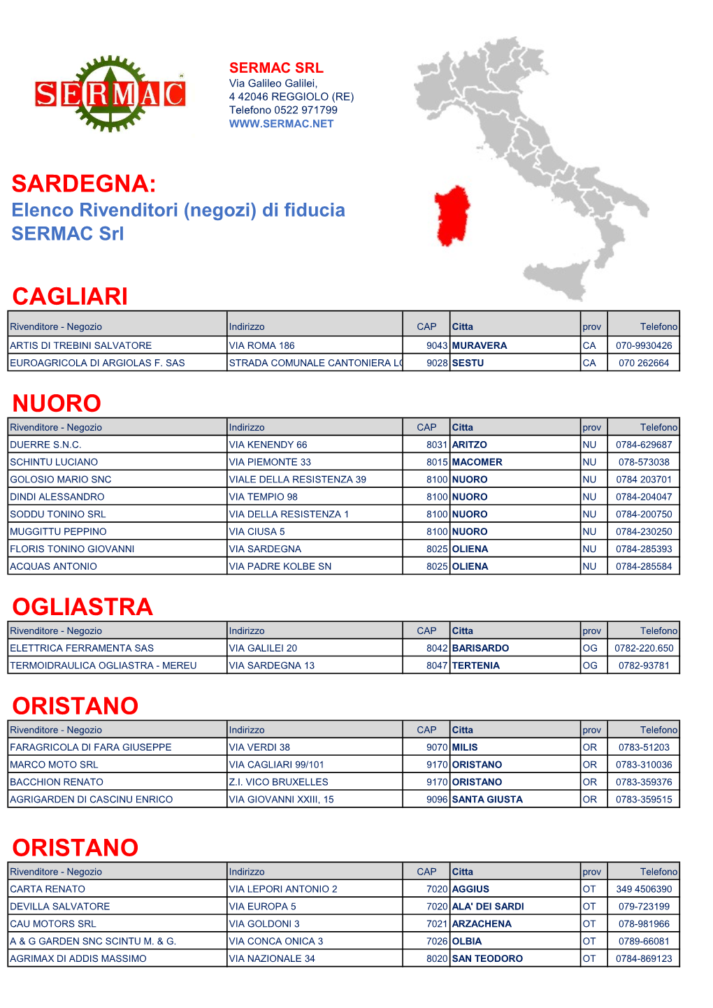 SARDEGNA: Elenco Rivenditori (Negozi) Di Fiducia SERMAC Srl