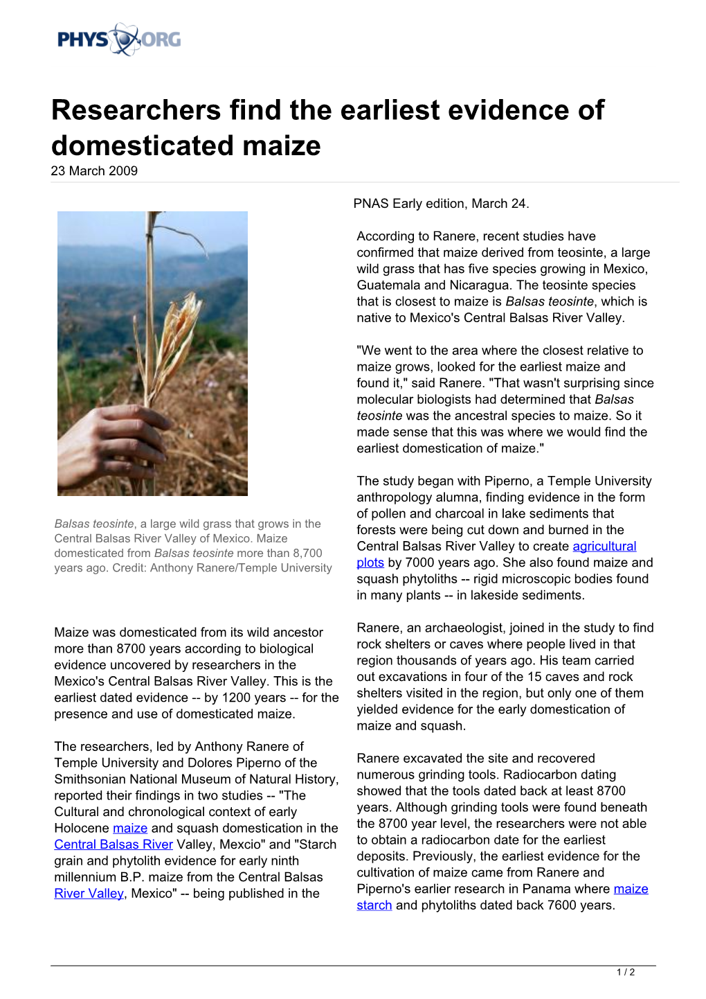 Researchers Find the Earliest Evidence of Domesticated Maize 23 March 2009