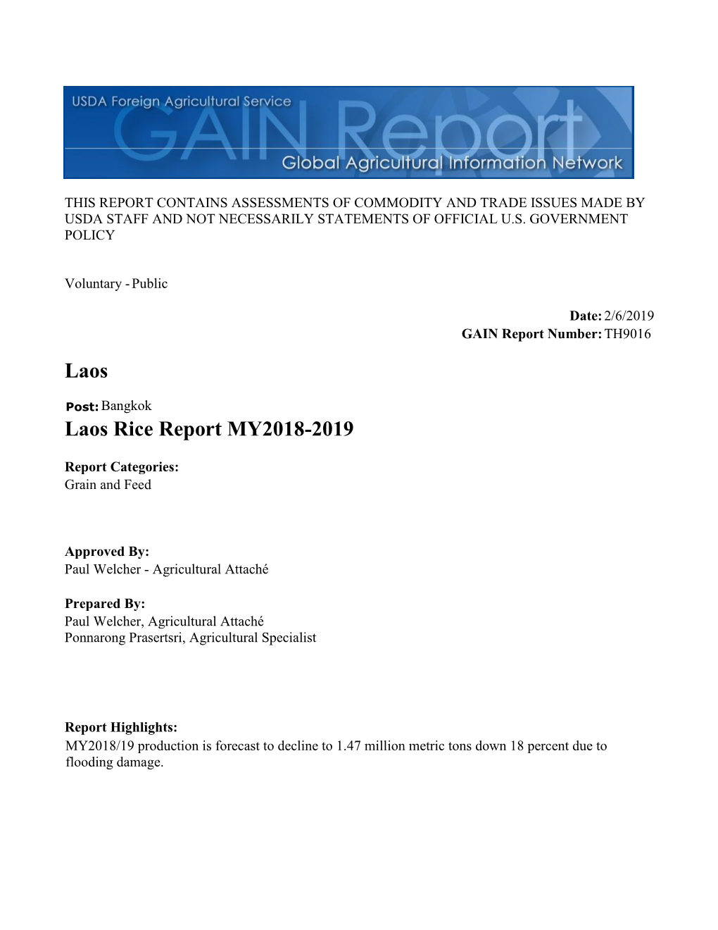 Laos Rice Report MY2018-2019