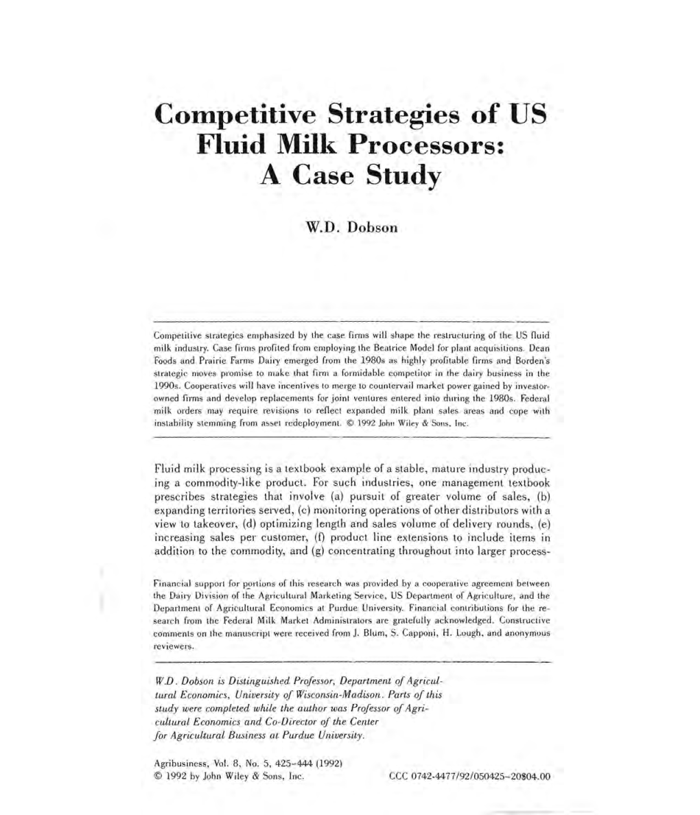 Competitive Strategies of US Fluid Milk Processors: a Case Study