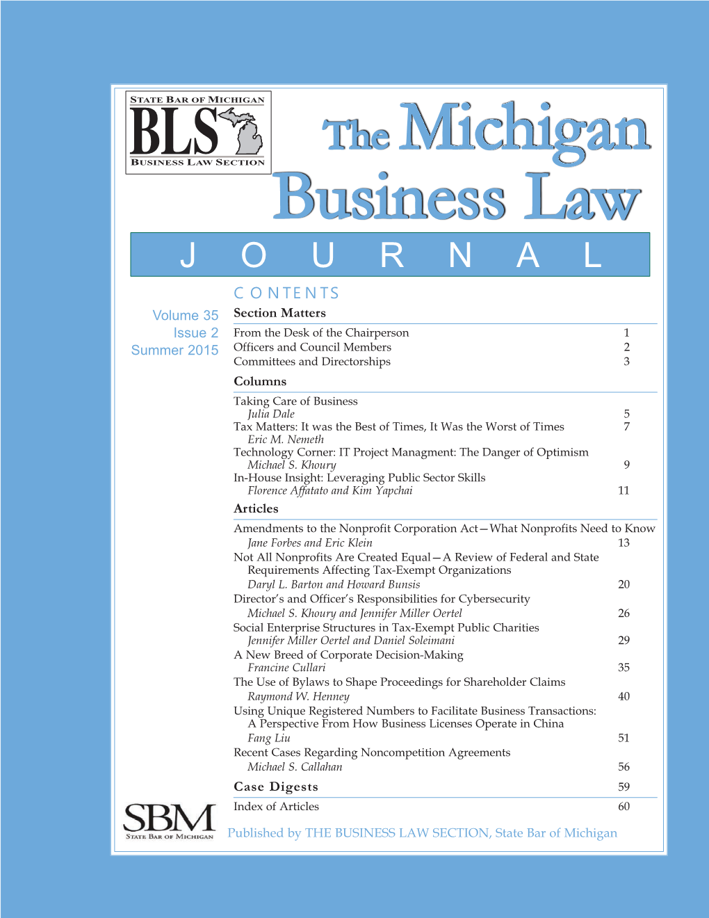 The Michigan Business Law Journal Summer 2015