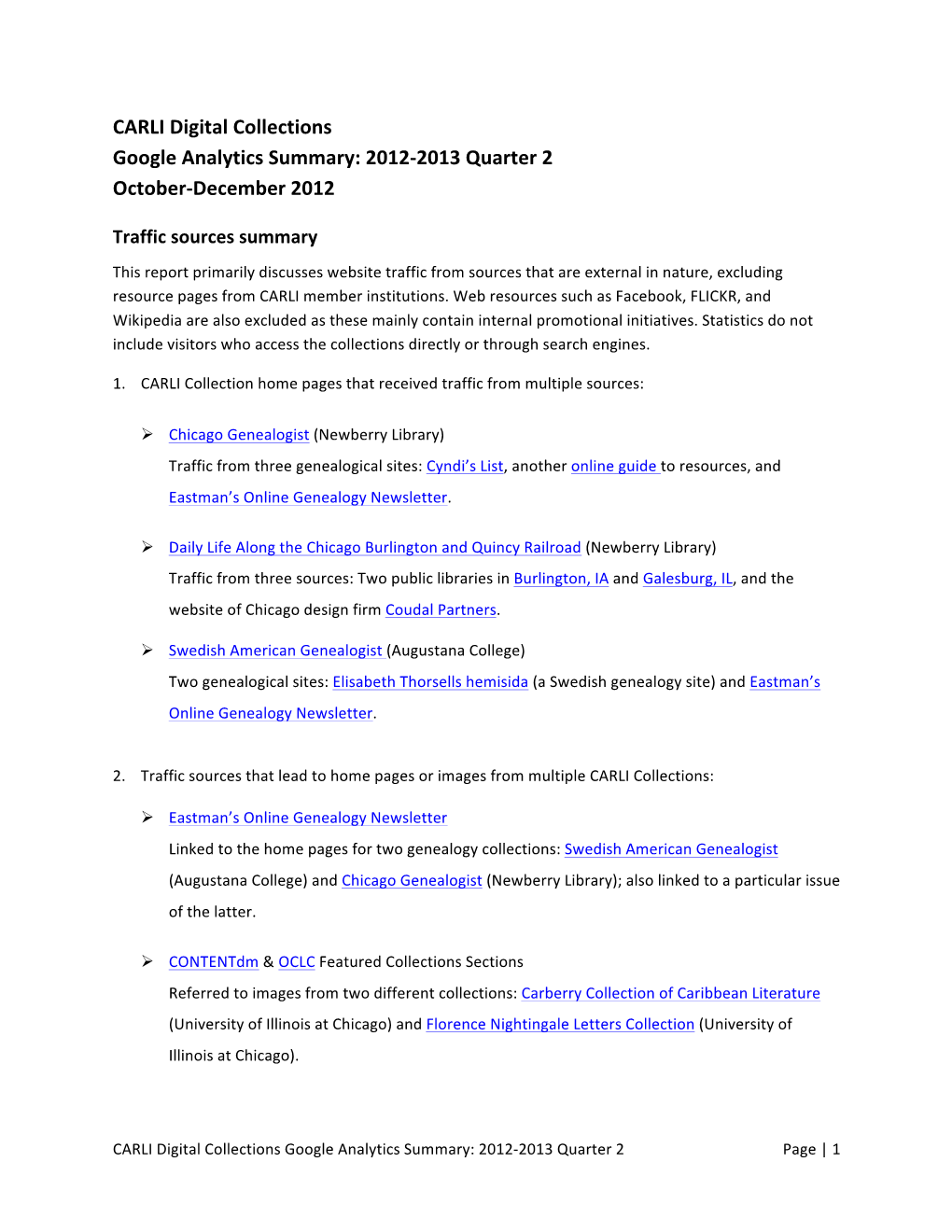 CARLI Digital Collections Google Analytics Summary: 2012-‐2013