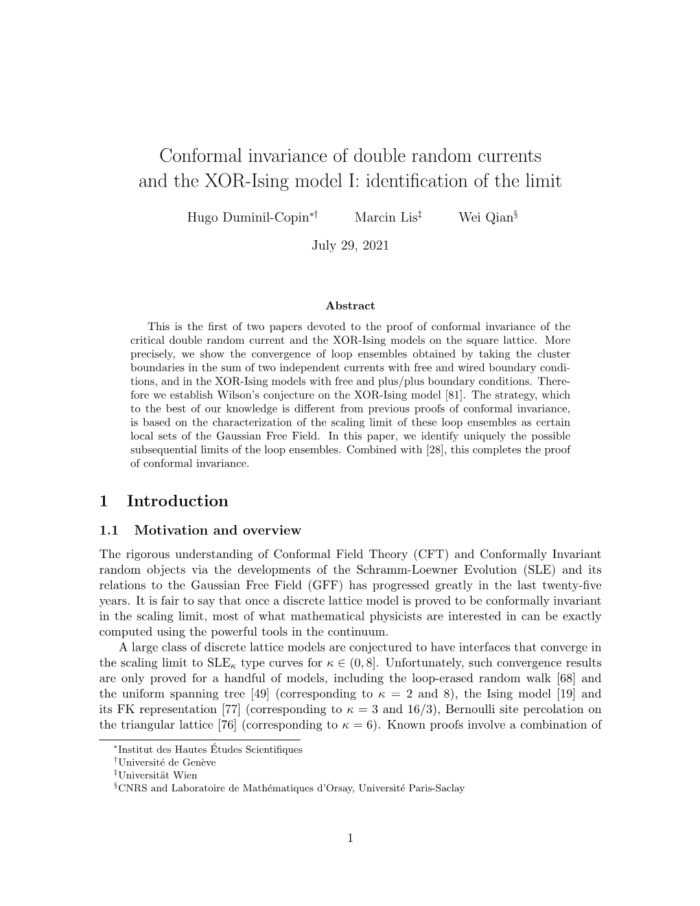 Conformal Invariance of Double Random Currents and the XOR-Ising Model I: Identiﬁcation of the Limit