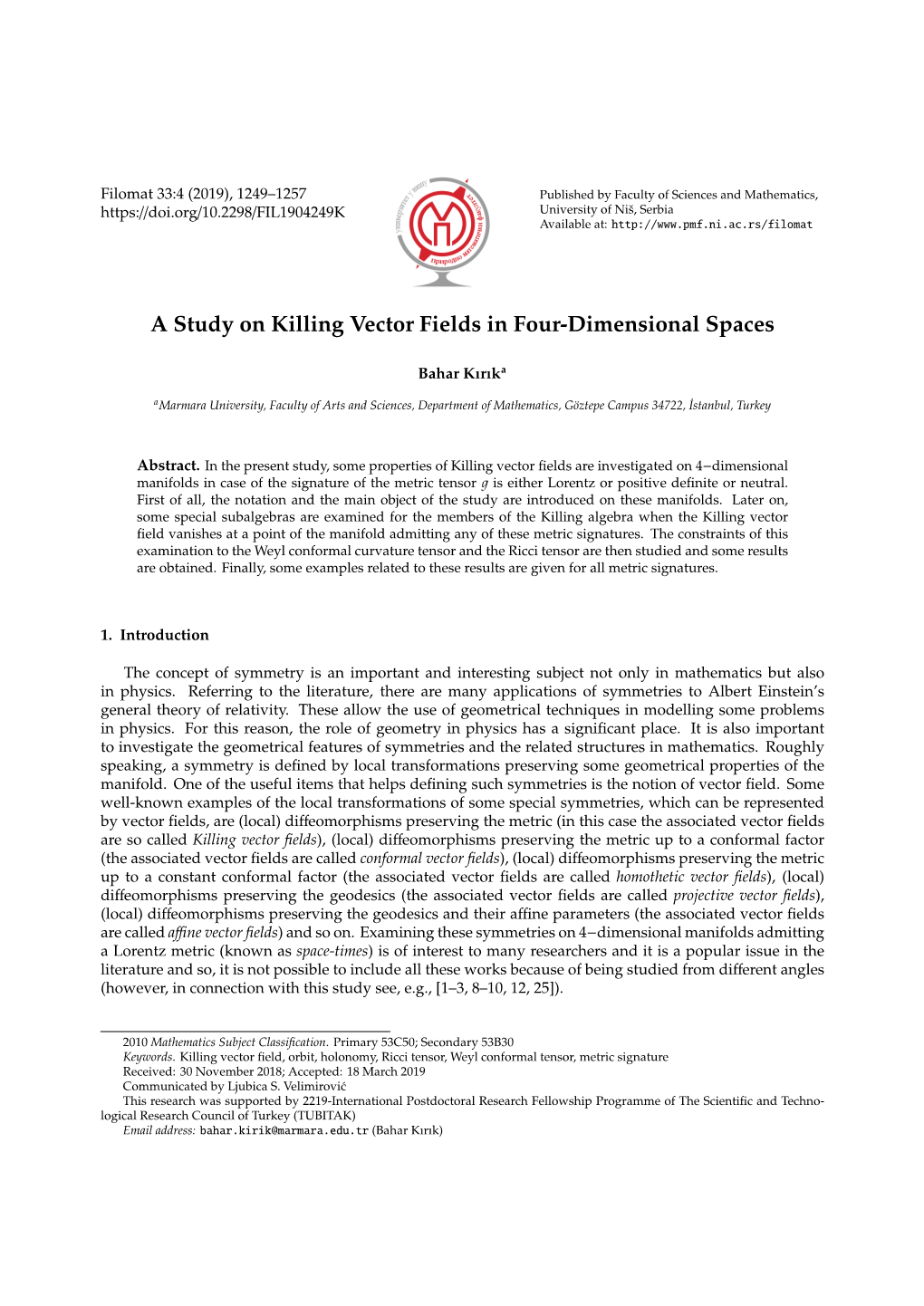 A Study on Killing Vector Fields in Four-Dimensional Spaces