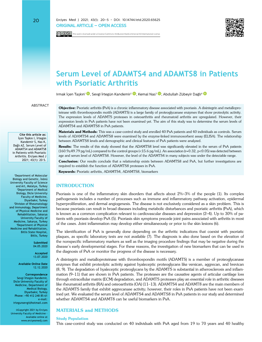 Serum Level of ADAMTS4 and ADAMTS8 in Patients with Psoriatic Arthritis