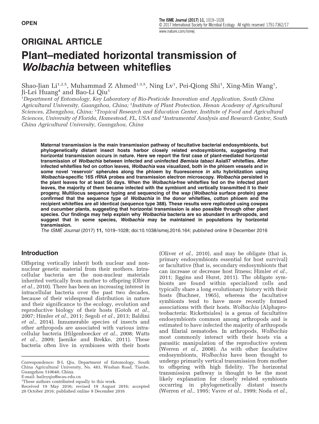 Mediated Horizontal Transmission of Wolbachia Between Whiteflies