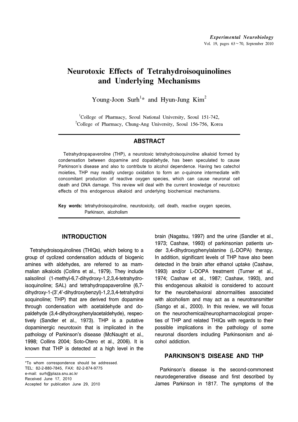Neurotoxic Effects of Tetrahydroisoquinolines and Underlying Mechanisms