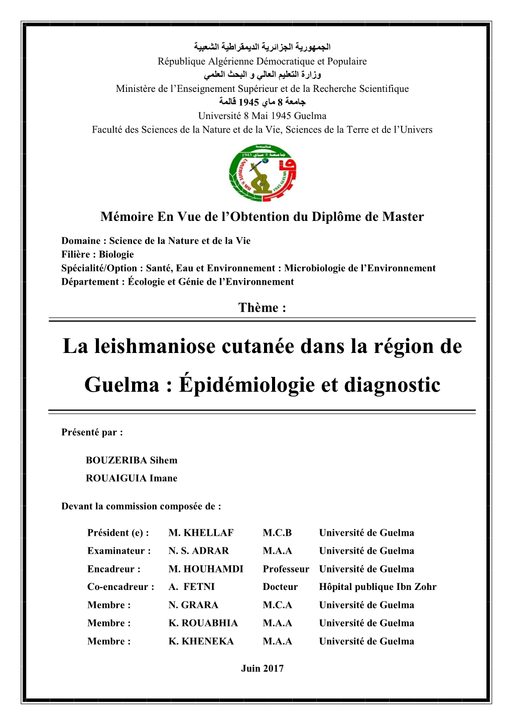 La Leishmaniose Cutanée Dans La Région De Guelma : Épidémiologie Et Diagnostic