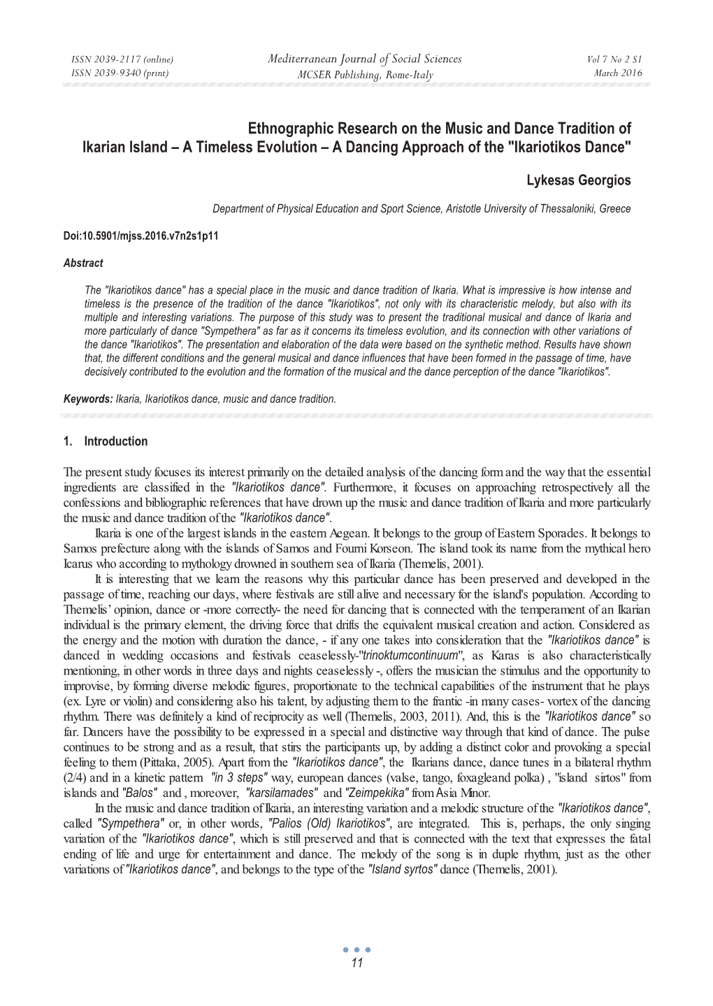 Ethnographic Research on the Music and Dance Tradition of Ikarian Island – a Timeless Evolution – a Dancing Approach of the 