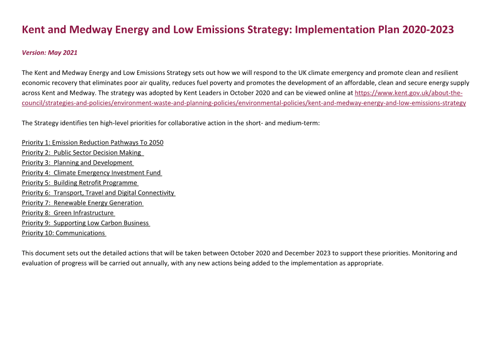 Kent and Medway Energy and Low Emissions Strategy: Implementation Plan 2020-2023