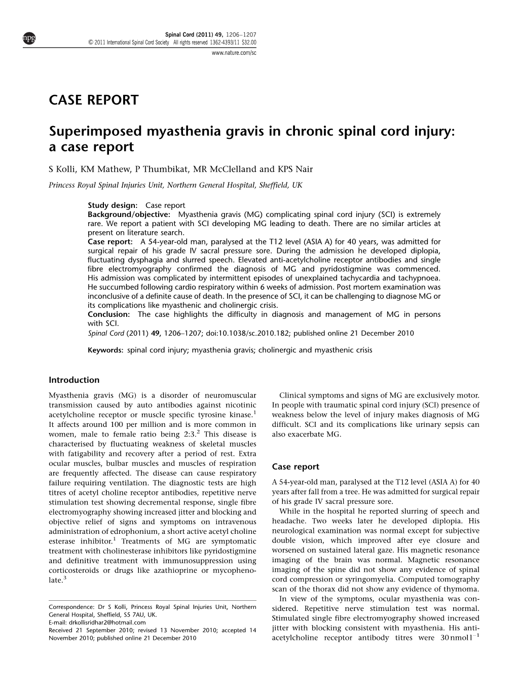 Superimposed Myasthenia Gravis in Chronic Spinal Cord Injury: a Case Report