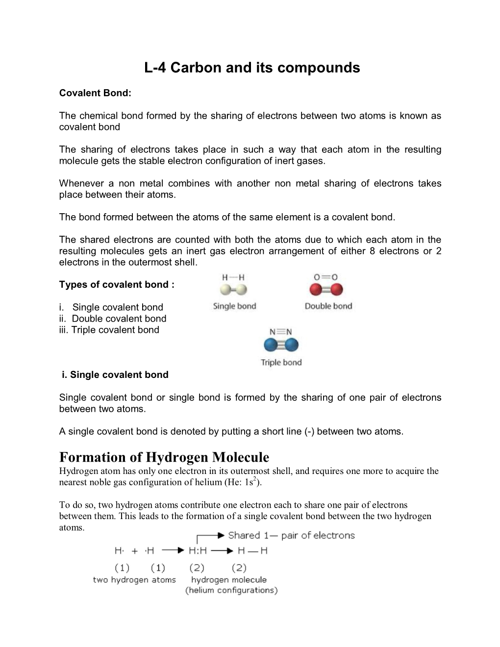 L-4 Carbon and Its Compounds Formation of Hydrogen Molecule