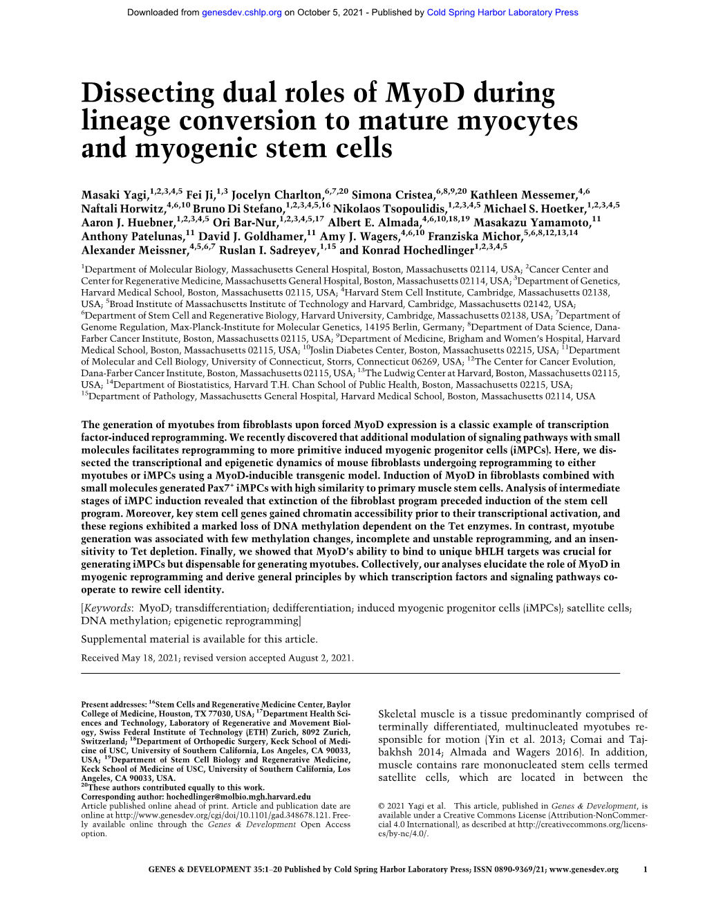 Dissecting Dual Roles of Myod During Lineage Conversion to Mature Myocytes and Myogenic Stem Cells