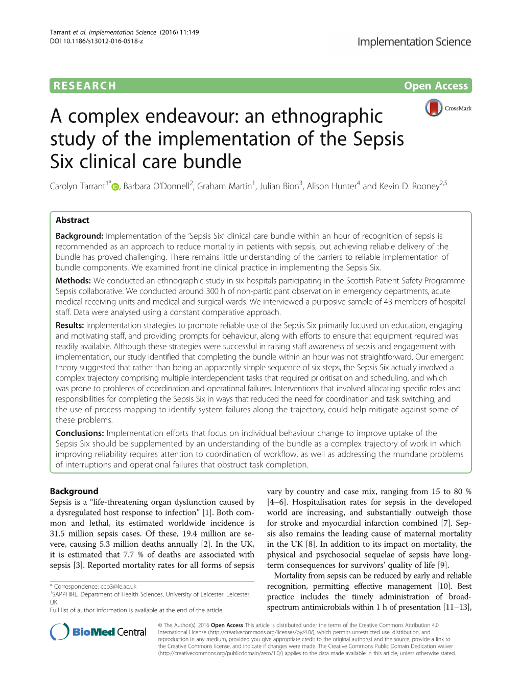 An Ethnographic Study of the Implementation of the Sepsis Six