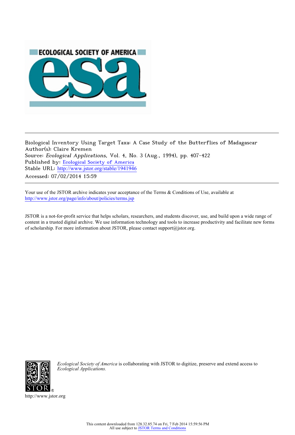 Biological Inventory Using Target Taxa: a Case Study of the Butterflies of Madagascar Author(S): Claire Kremen Source: Ecological Applications, Vol