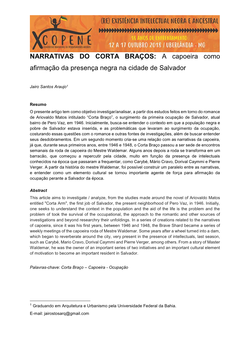 NARRATIVAS DO CORTA BRAÇOS: a Capoeira Como Afirmação Da Presença Negra Na Cidade De Salvador