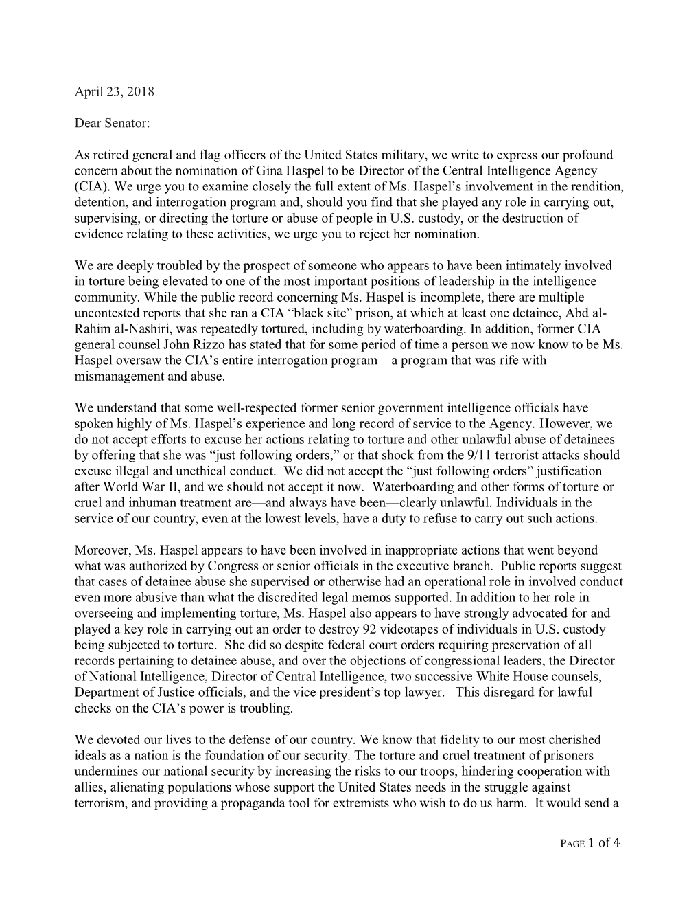 PAGE 1 of 4 April 23, 2018 Dear Senator: As Retired General and Flag Officers of the United States Military, We Write to Express