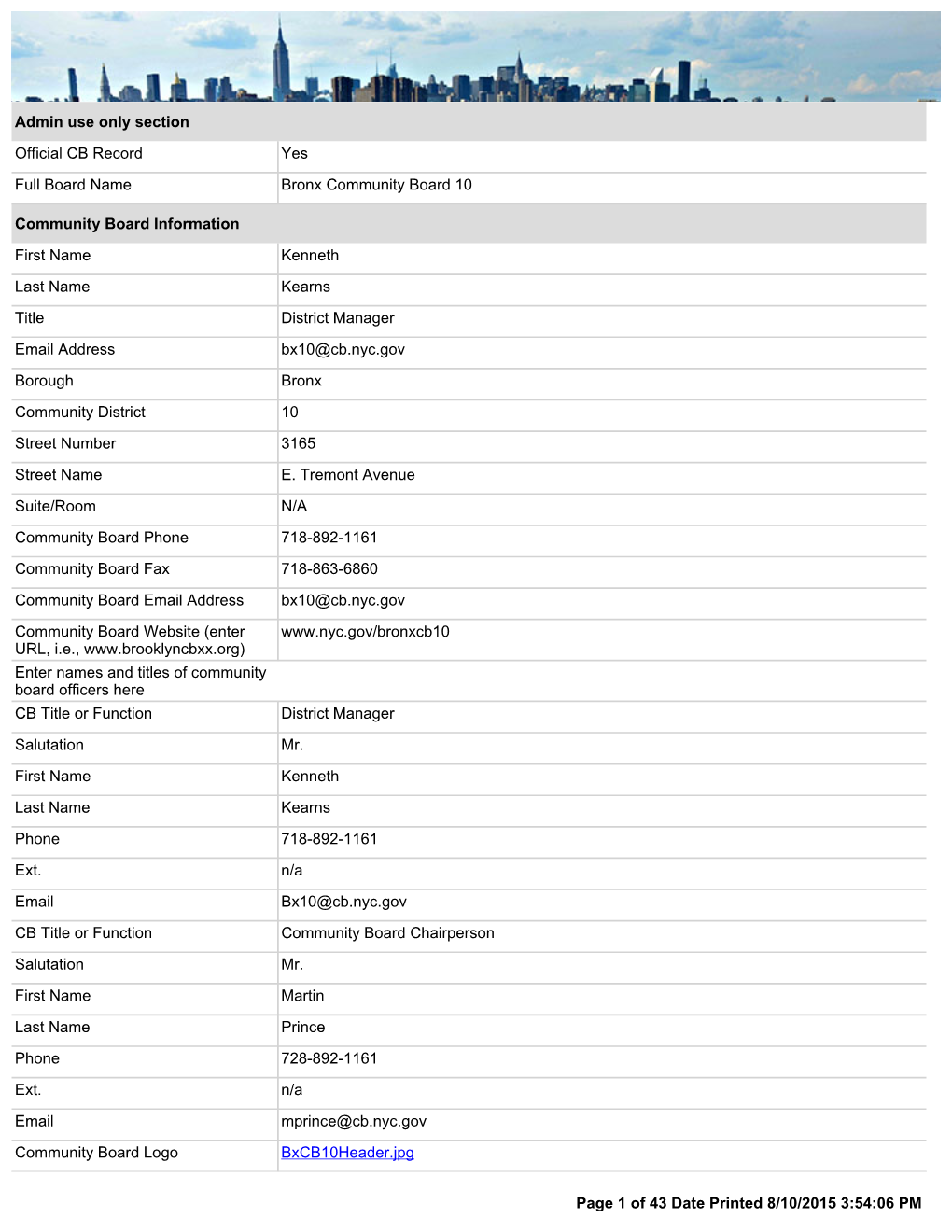 Admin Use Only Section Official CB Record Yes Full Board Name Bronx