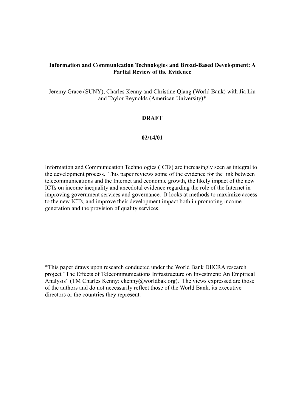 Information and Communication Technologies and Broad-Based Development: a Partial Review