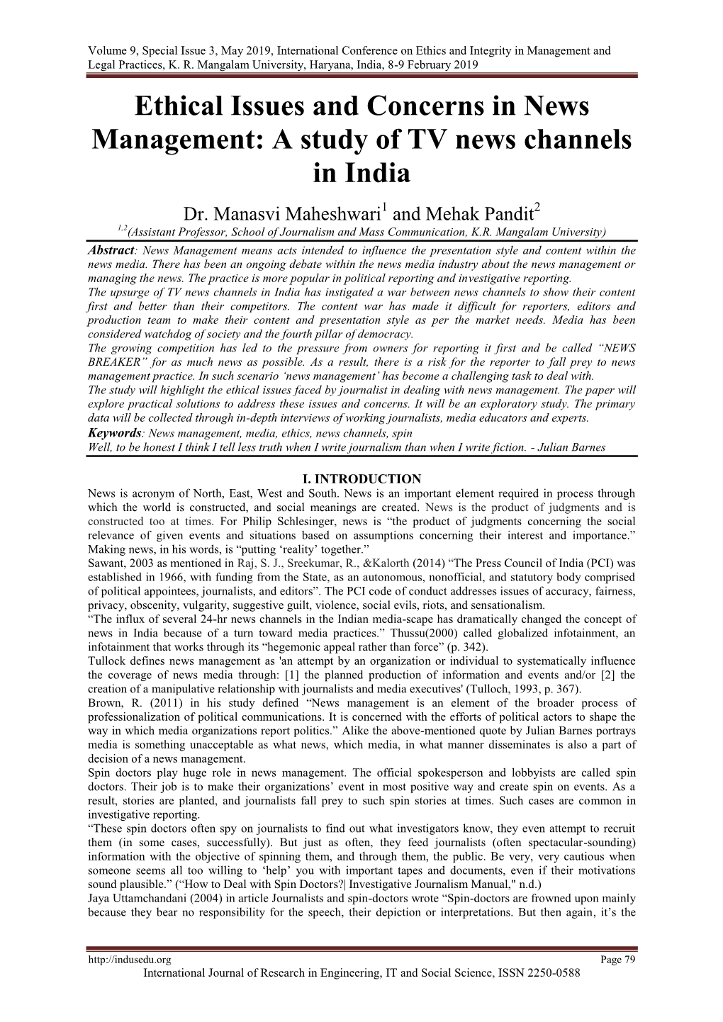 Ethical Issues and Concerns in News Management: a Study of TV News Channels in India