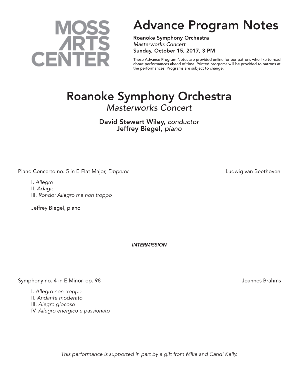 Advance Program Notes Roanoke Symphony Orchestra Masterworks Concert Sunday, October 15, 2017, 3 PM