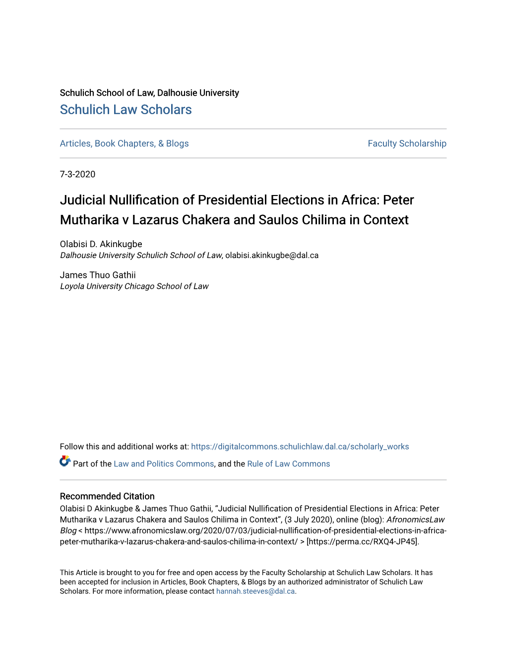 Judicial Nullification of Presidential Elections in Africa: Peter Mutharika V Lazarus Chakera and Saulos Chilima in Context