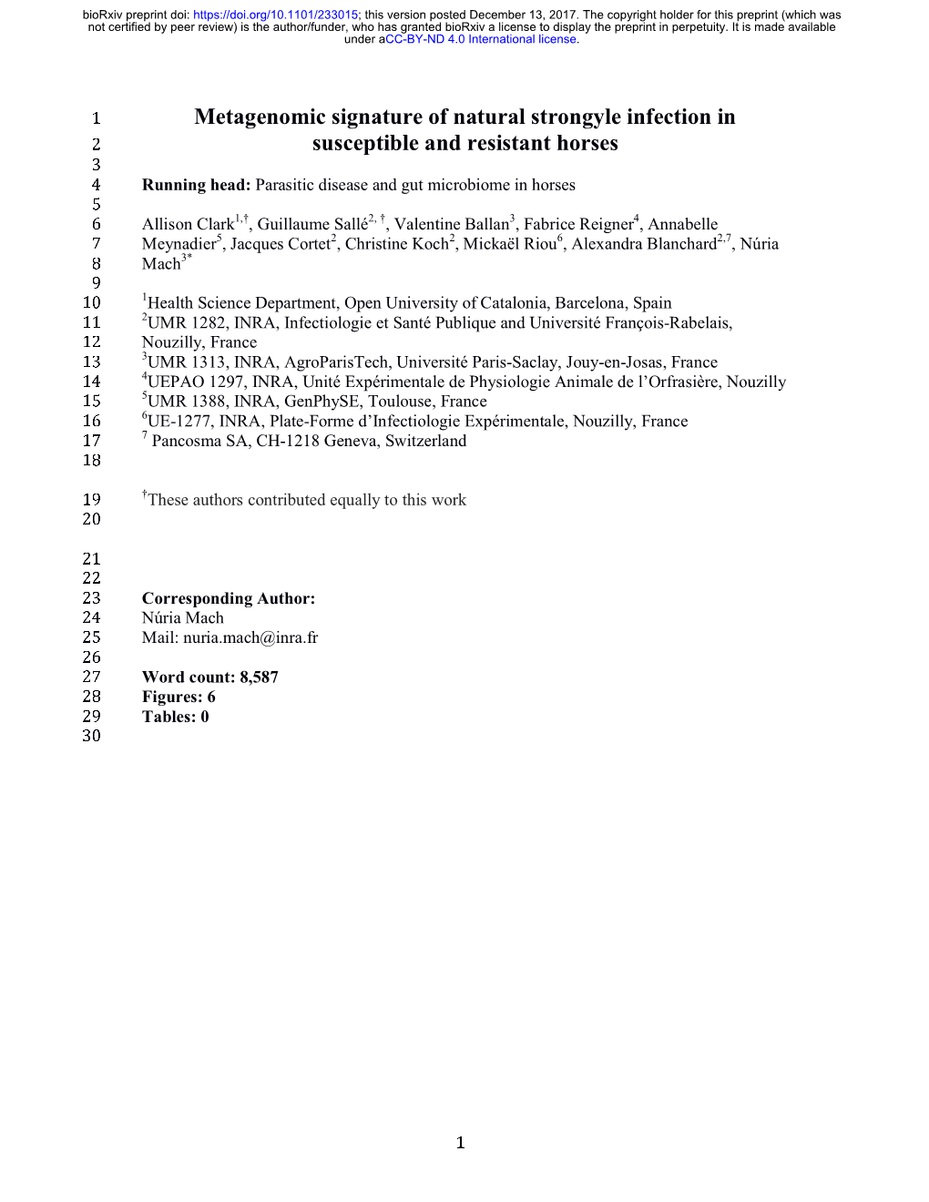 Metagenomic Signature of Natural Strongyle Infection in Susceptible