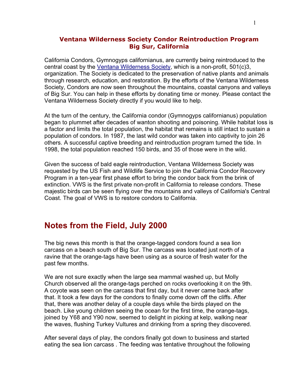 Notes from the Field, July 2000