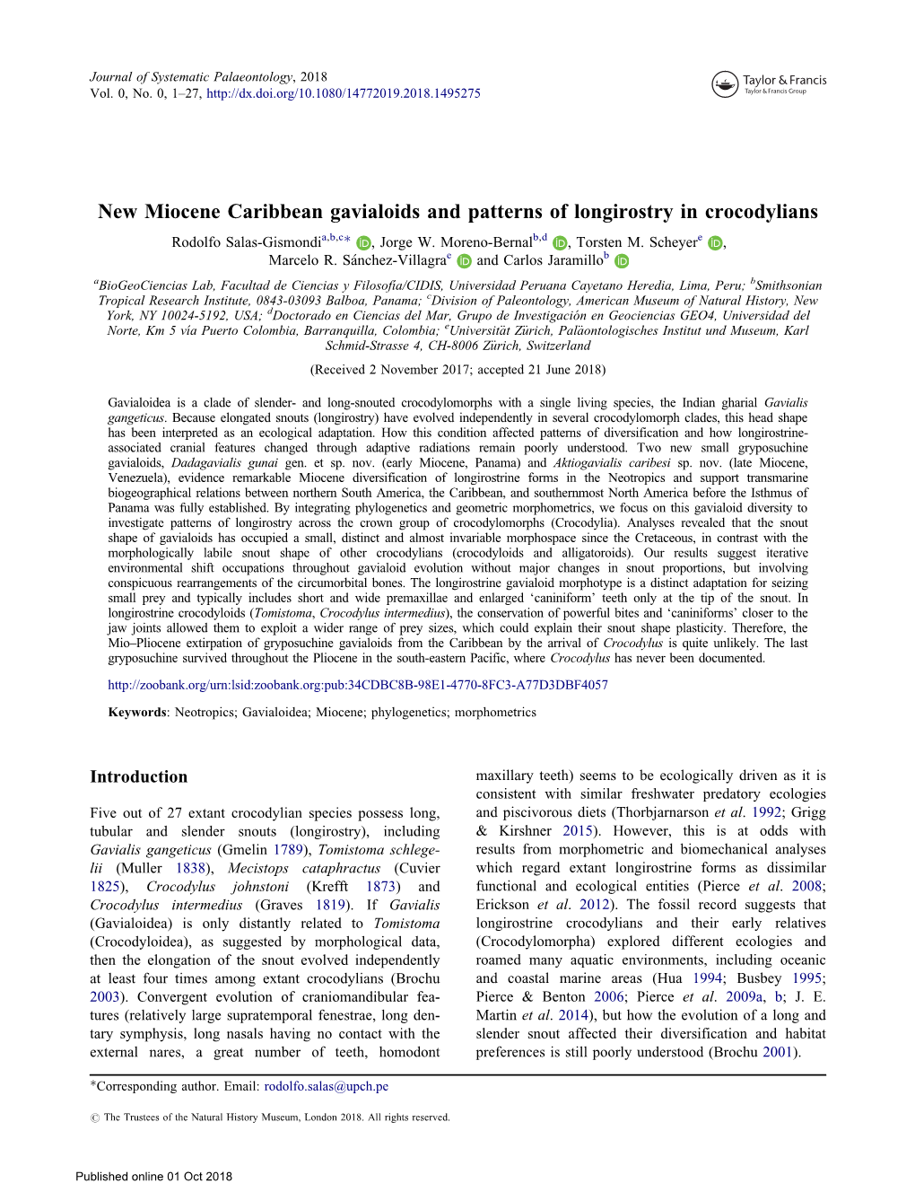 New Miocene Caribbean Gavialoids and Patterns of Longirostry in Crocodylians A,B,C� B,D E Rodolfo Salas-Gismondi , Jorge W