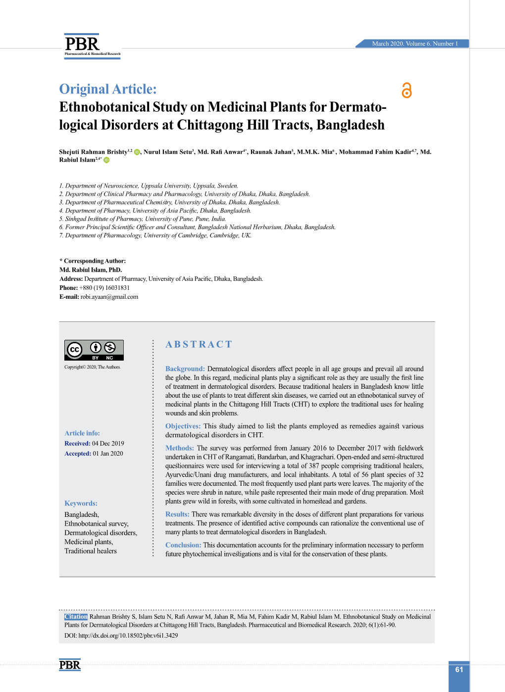 Ethnobotanical Study on Medicinal Plants for Dermatological Disorders at Chittagong Hill Tracts, Bangladesh