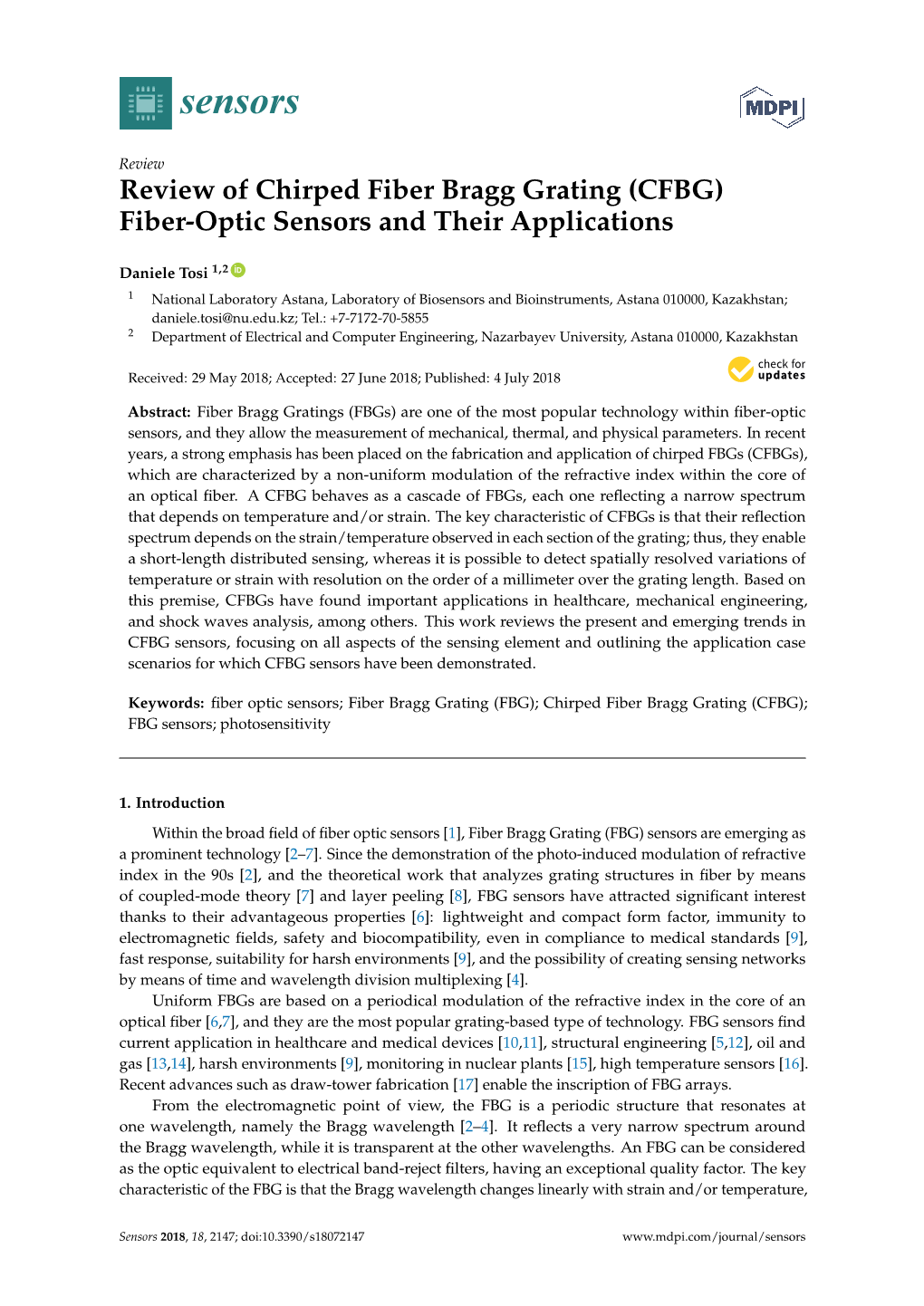 Review of Chirped Fiber Bragg Grating (CFBG) Fiber-Optic Sensors and Their Applications