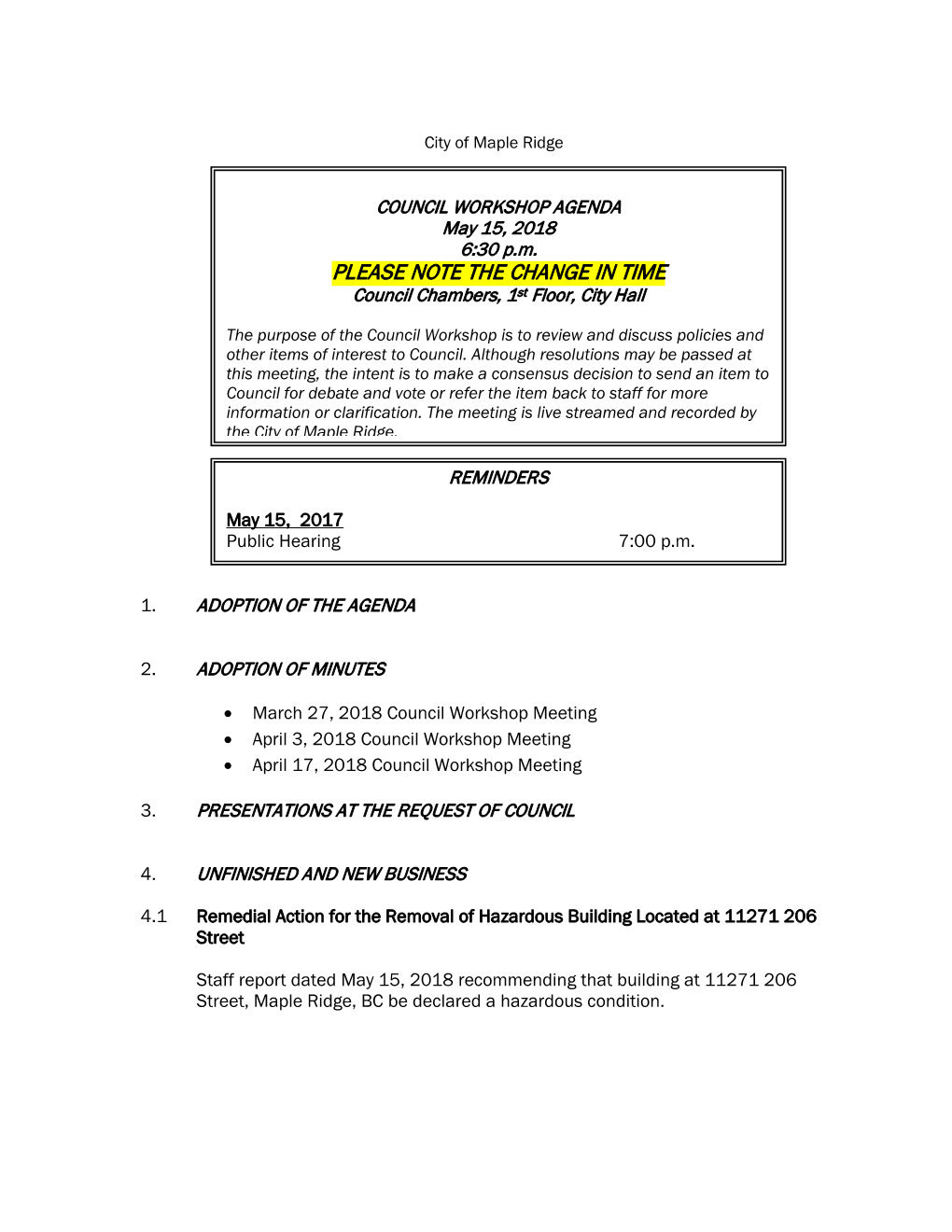 Council Workshop Meeting Agenda May 15, 2018