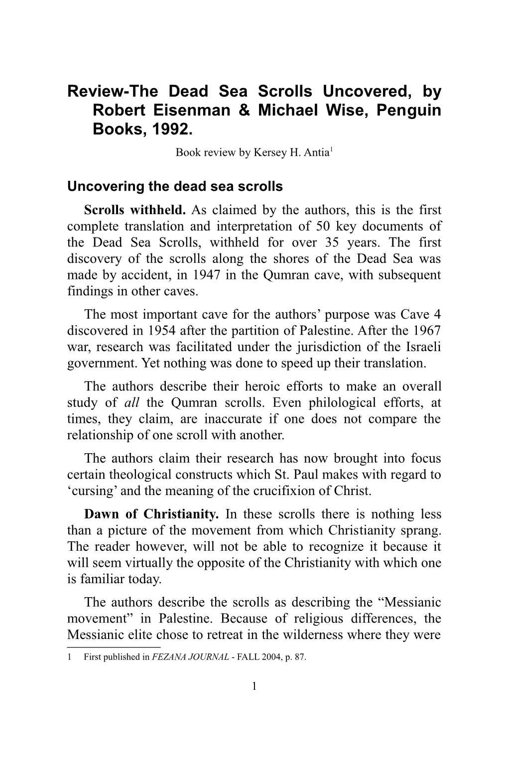 Review-The Dead Sea Scrolls Uncovered, by Robert Eisenman & Michael Wise, Penguin Books, 1992