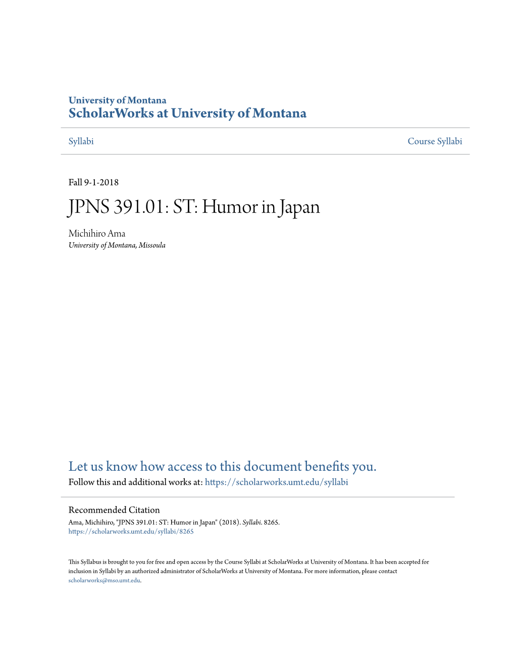 JPNS 391.01: ST: Humor in Japan Michihiro Ama University of Montana, Missoula