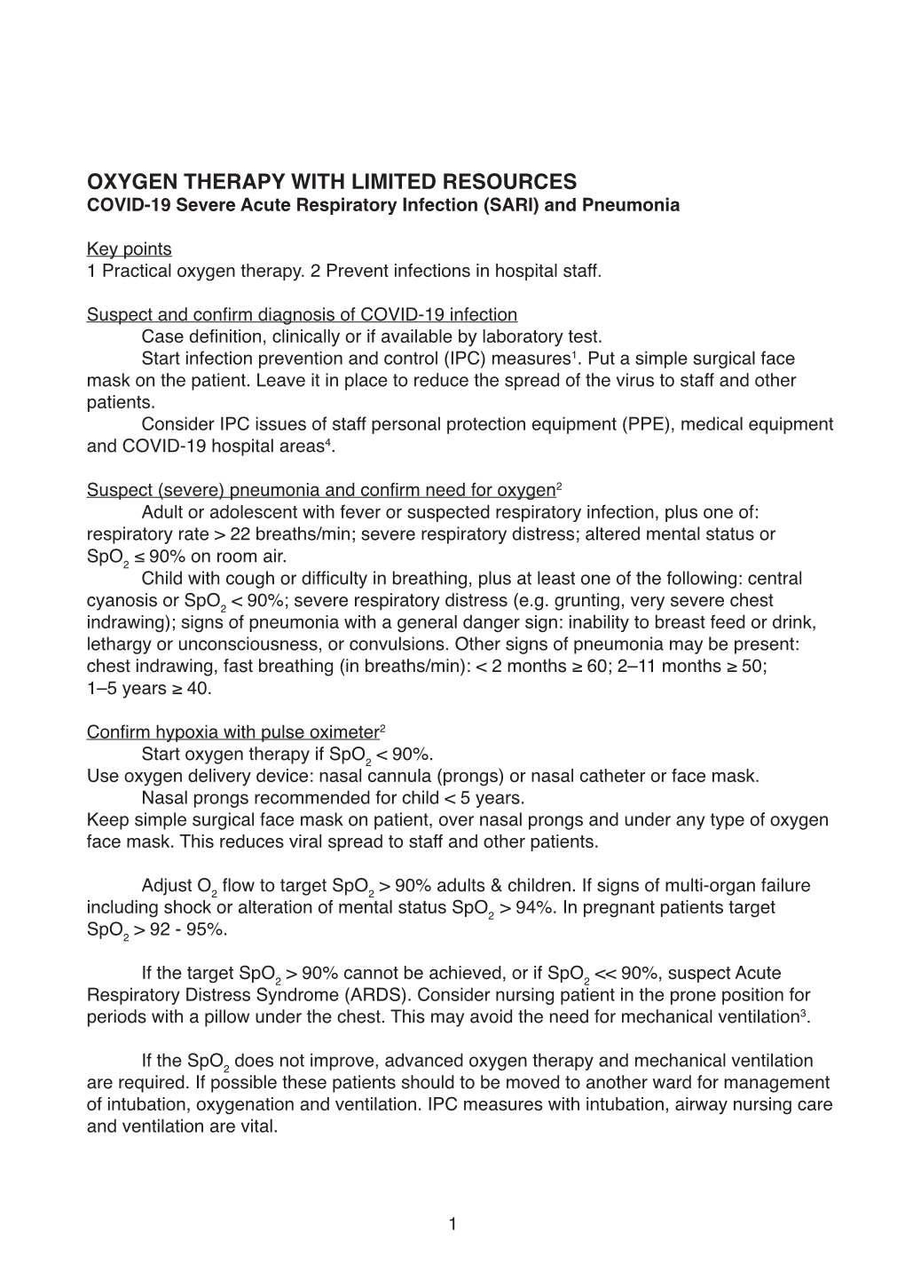 COVID-19 SARI & Pneumonia Oxygen Therapy with Limited Resources