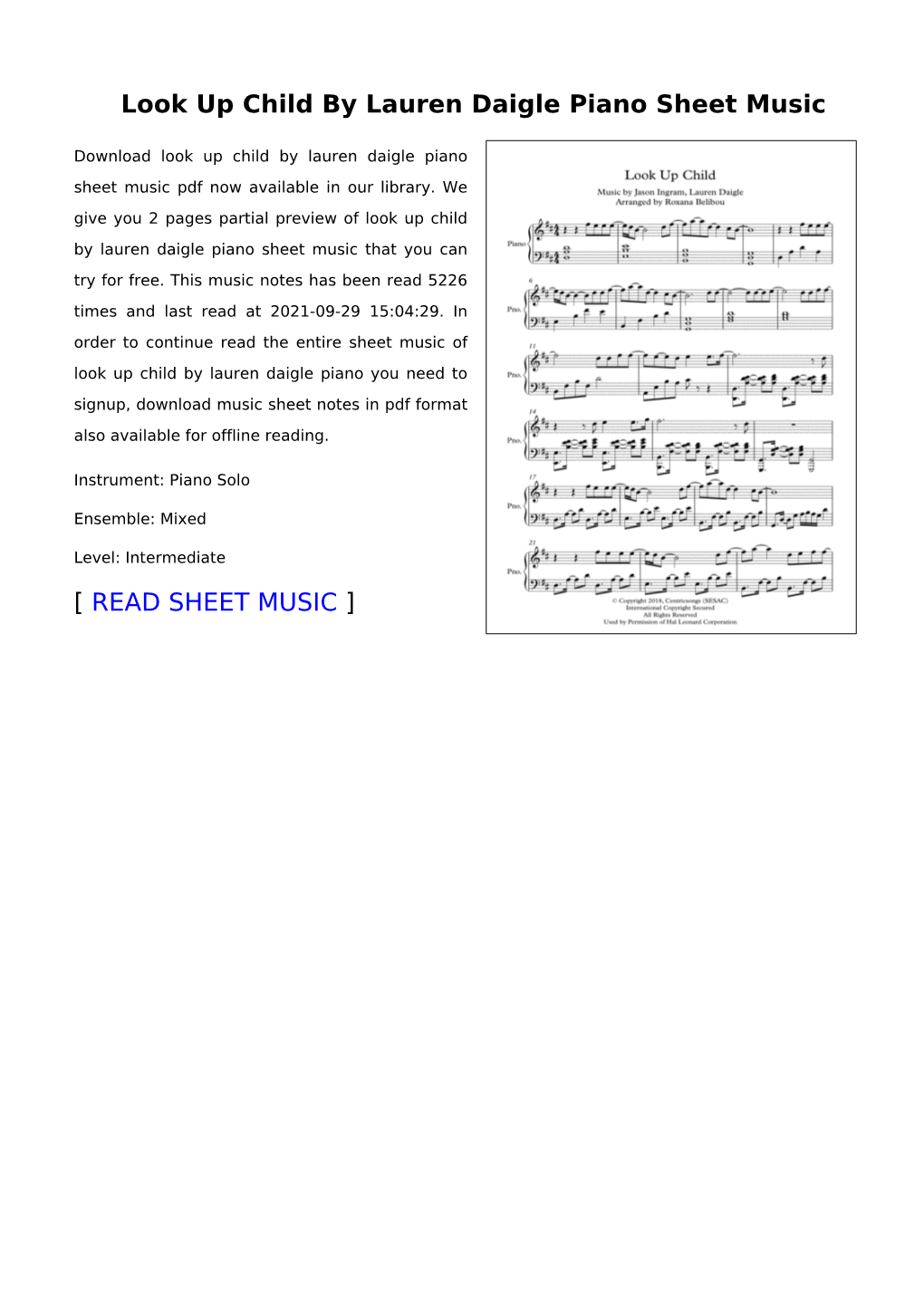 Look up Child by Lauren Daigle Piano Sheet Music