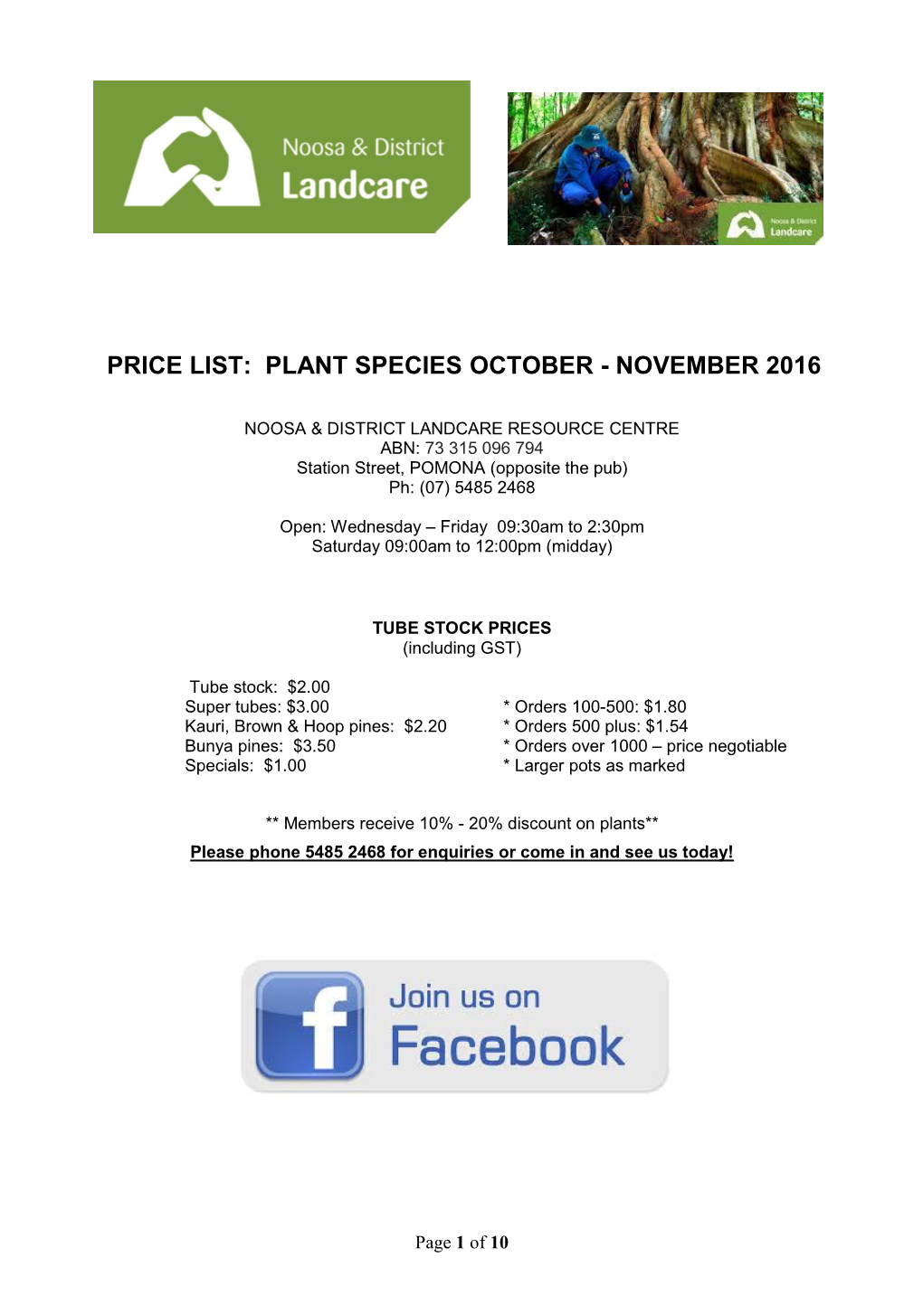 Price List: Plant Species October - November 2016