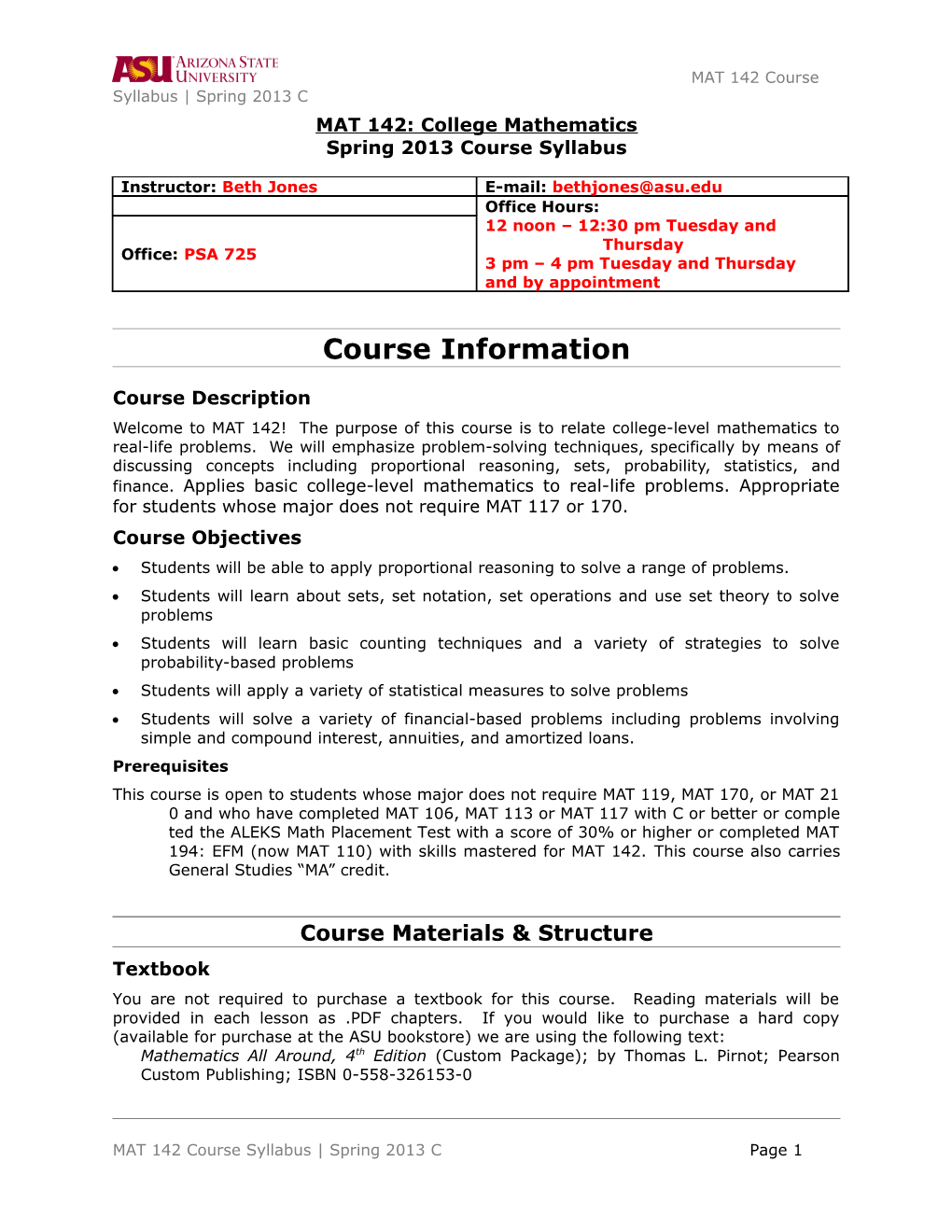 MAT 142: College Mathematics