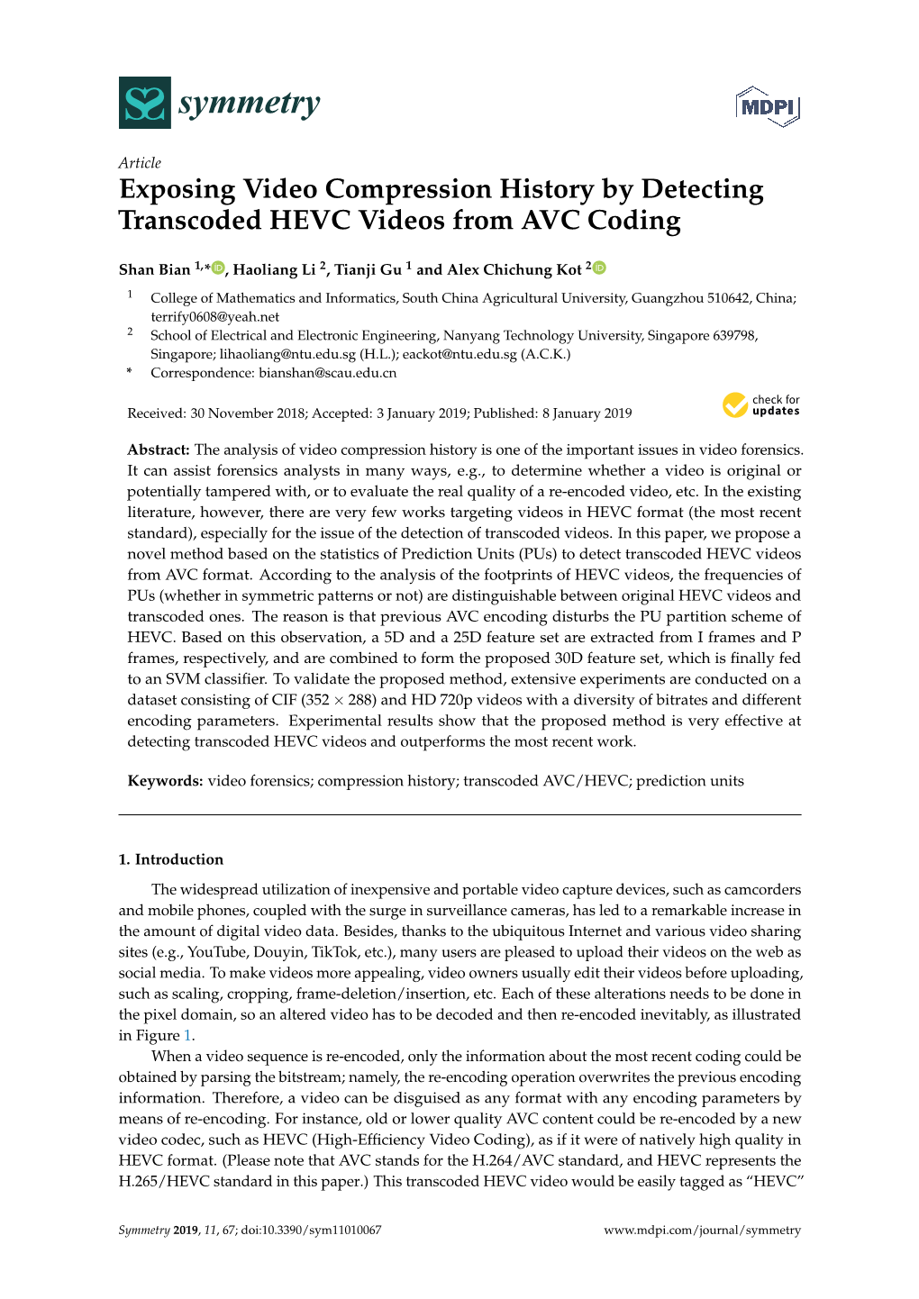 Exposing Video Compression History by Detecting Transcoded HEVC Videos from AVC Coding