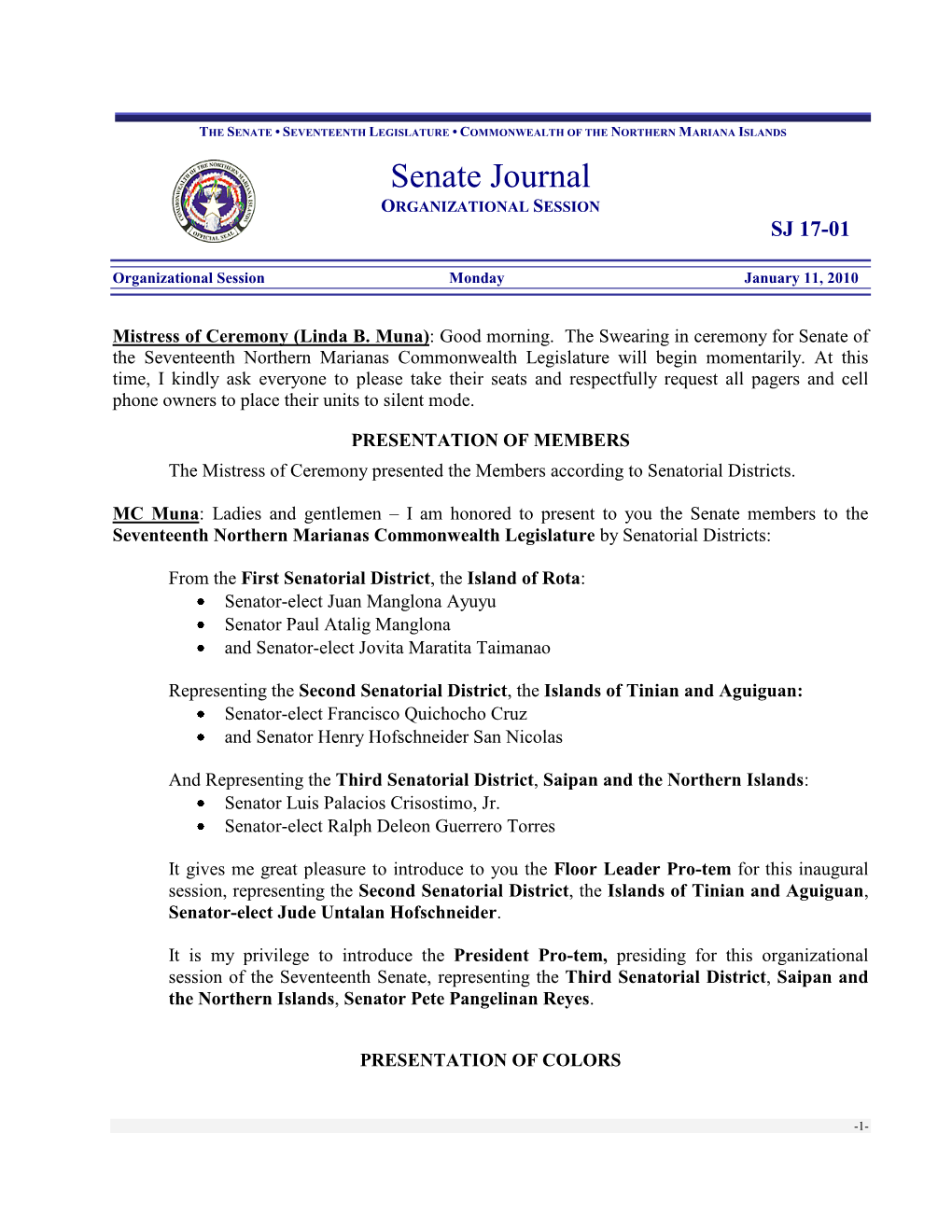 Senate Journal ORGANIZATIONAL SESSION SJ 17-01