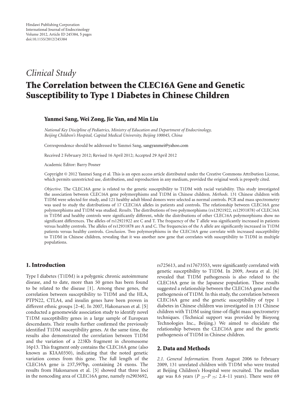 The Correlation Between the CLEC16A Gene and Genetic Susceptibility to Type 1 Diabetes in Chinese Children