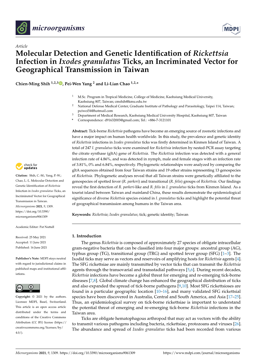 Molecular Detection and Genetic Identification of Rickettsia Infection