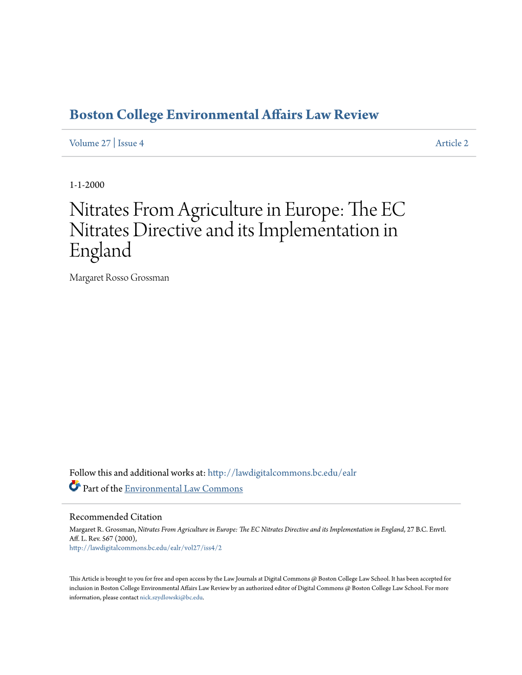The EC Nitrates Directive and Its Implementation in England, 27 B.C
