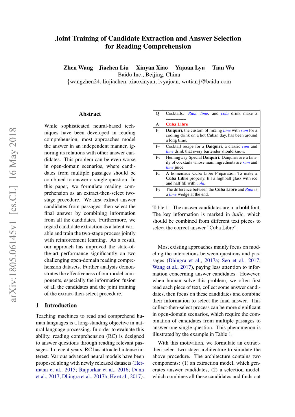 Arxiv:1805.06145V1 [Cs.CL] 16 May 2018 Their Information to Select the ﬁnal Answer