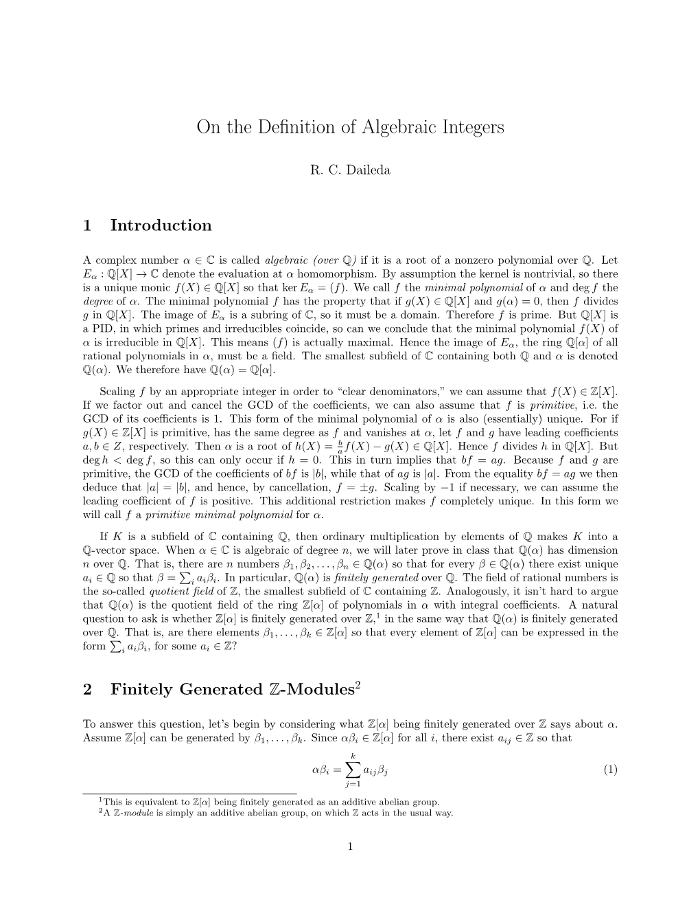 On the Definition of Algebraic Integers