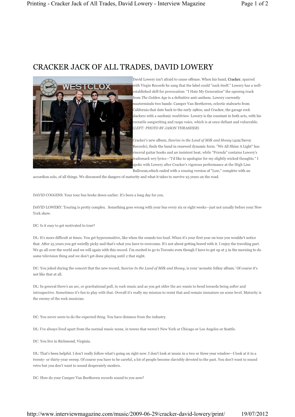 Cracker Jack of All Trades, David Lowery - Interview Magazine Page 1 of 2