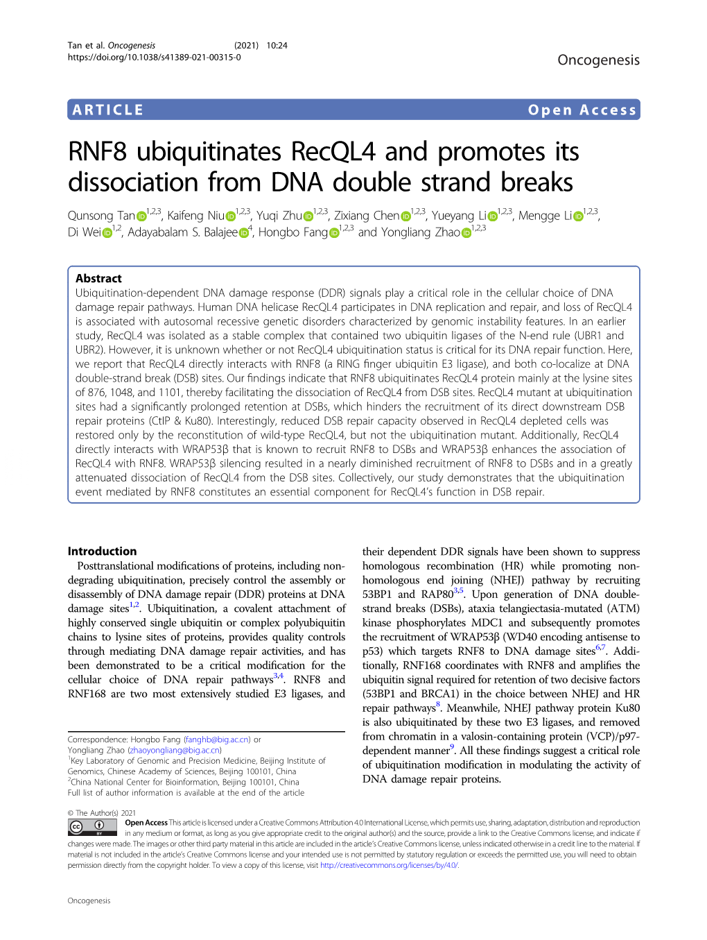 RNF8 Ubiquitinates Recql4 and Promotes Its Dissociation from DNA