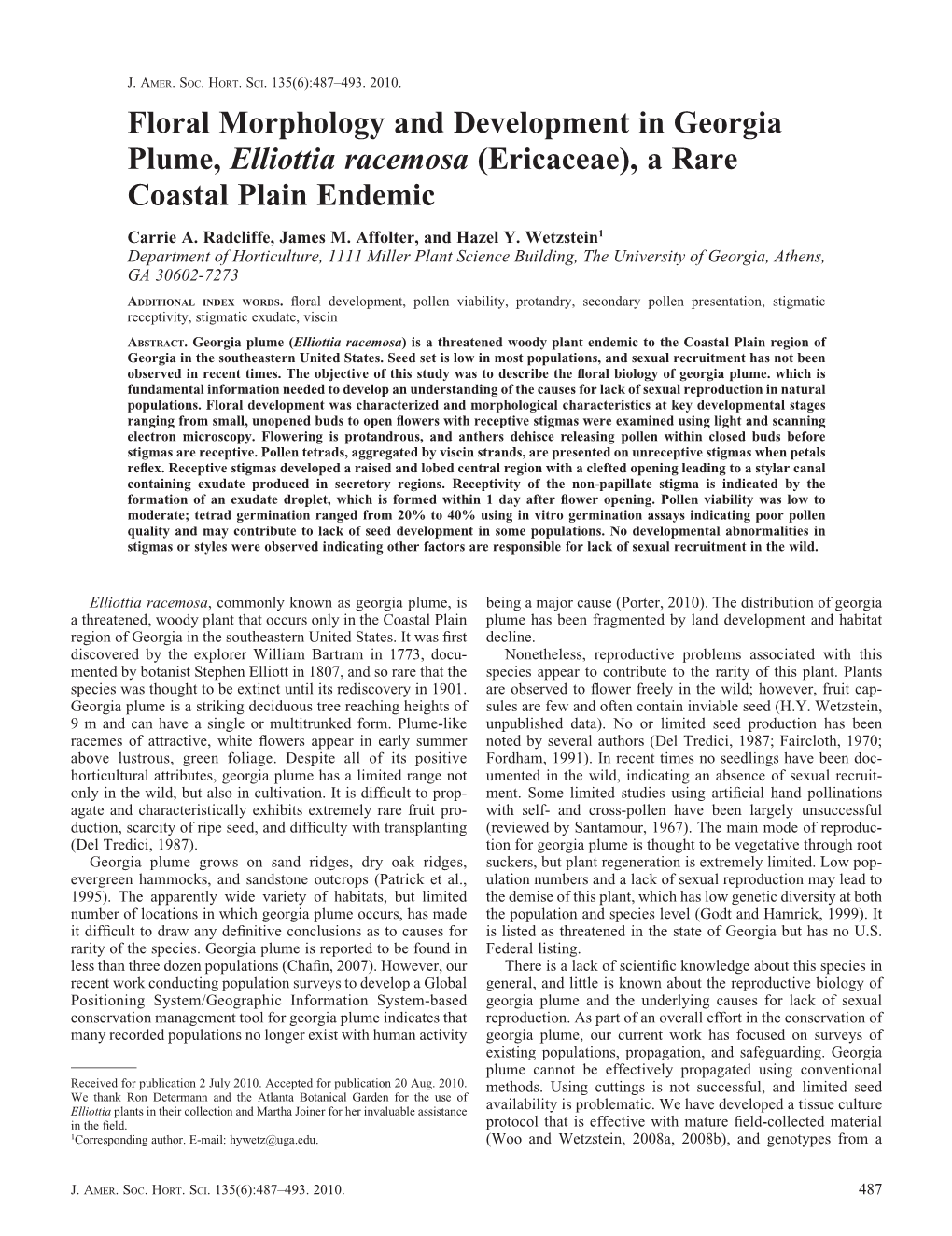 Floral Morphology and Development in Georgia Plume, Elliottia Racemosa (Ericaceae), a Rare Coastal Plain Endemic