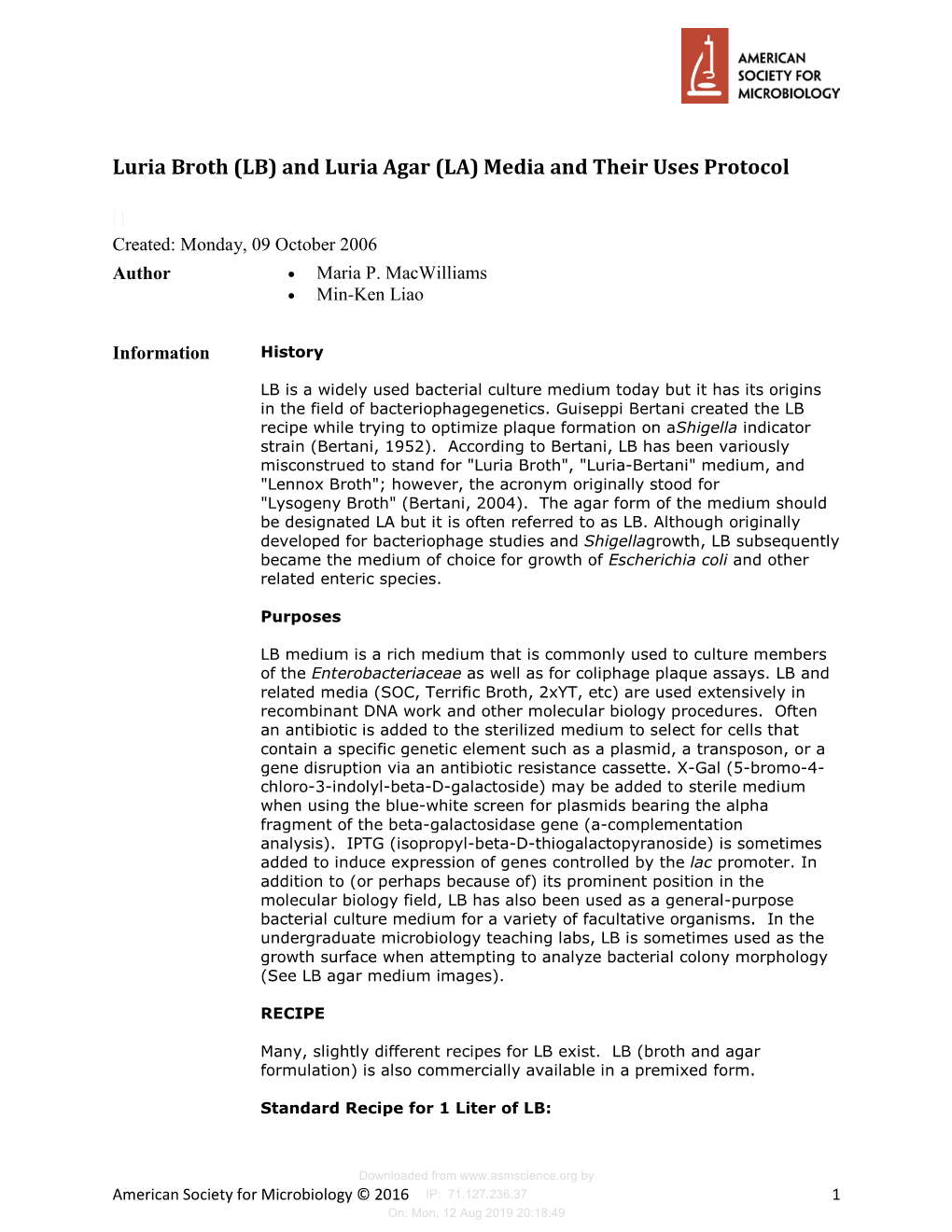 Luria Broth (LB) and Luria Agar (LA) Media and Their Uses Protocol