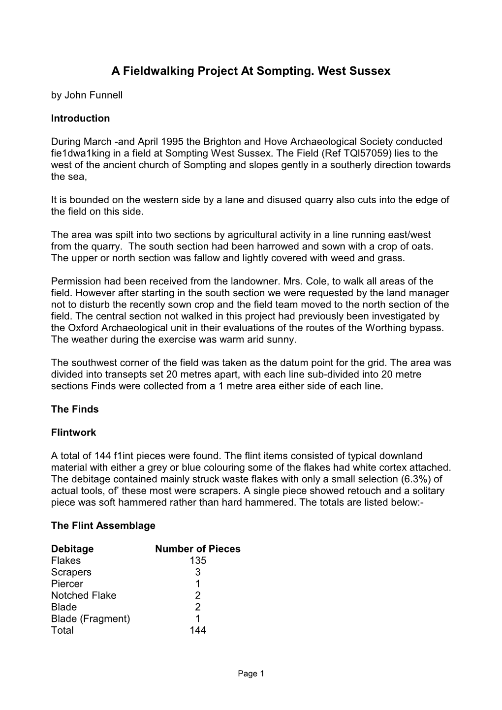 A Fieldwalking Project at Sompting. West Sussex by John Funnell